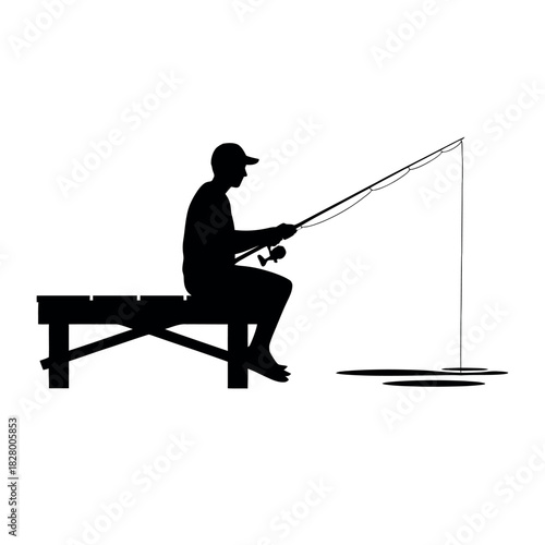 Silhouette of a person fishing from a wooden bench with a fishing rod