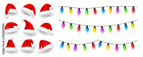 Christmas glowing lights. Festival garlands with colorful bulbs. Greeting card design element. New Year, winter holidays