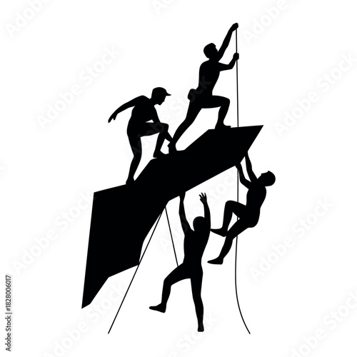 Silhouetted climbers ascend a rugged rock face in a challenging ascent