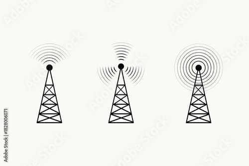 Simple vector icon of transmission towers with wireless signal waves. Minimal outline style suitable for technology themes, telecom graphics, communication systems, and digital network illustrations.