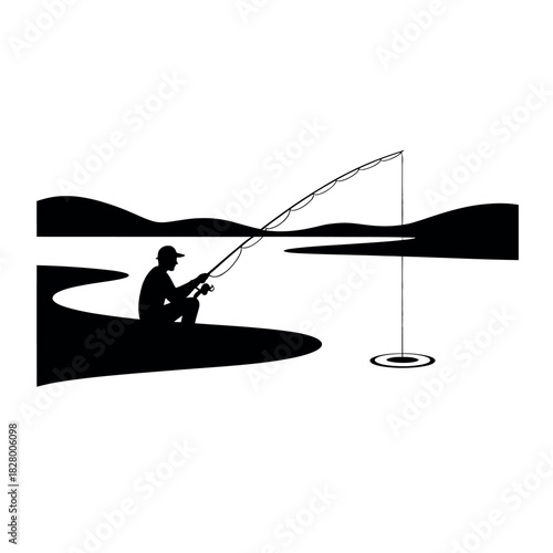 Silhouette of a lone angler casting a line into a serene lake at dawn