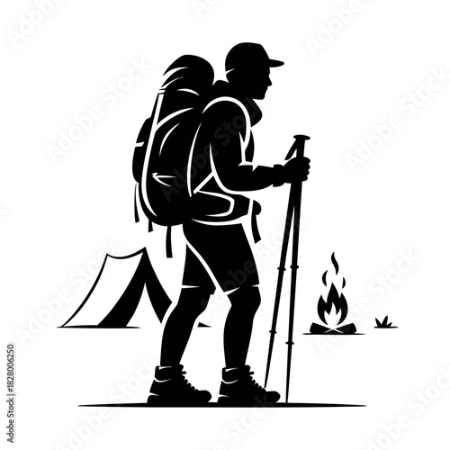 Silhouette of a hiker with backpack and trekking poles by a tent and campfire