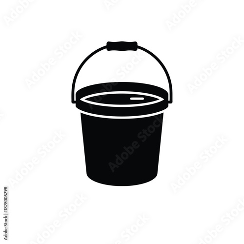 Black bucket with handle and water liquid
