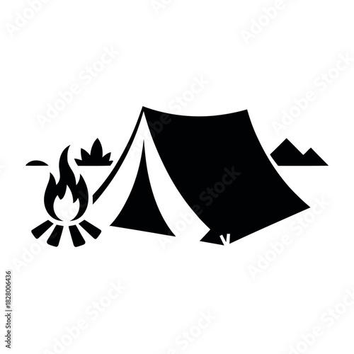 Simple silhouette of a campsite with a tent campfire, and mountains