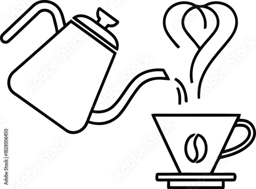 Pour-over coffee brewing outline icon with kettle and dripper.