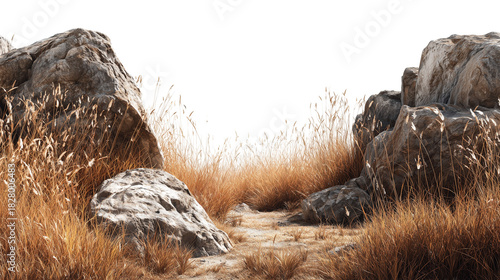 Dry, tall grass and rough stone formation creating a natural pathway opening isolated on transparent background