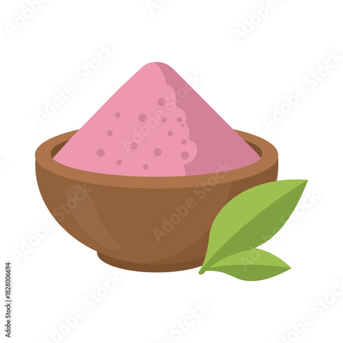 Matcha tea pink powder illustration with leaves vector flat design on white background. Japanese healthy pink tea powder in bamboo bowl symbol for menu, banner, poster, web, emblem.