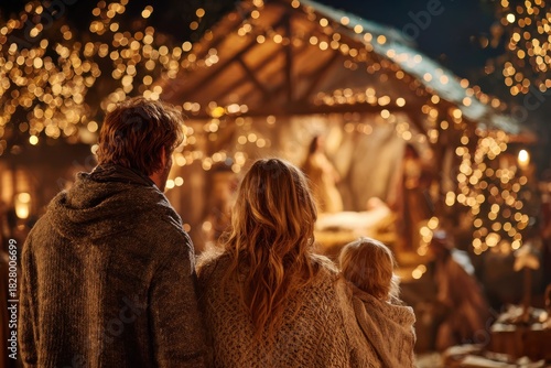 Family admiring lit nativity scene under night sky