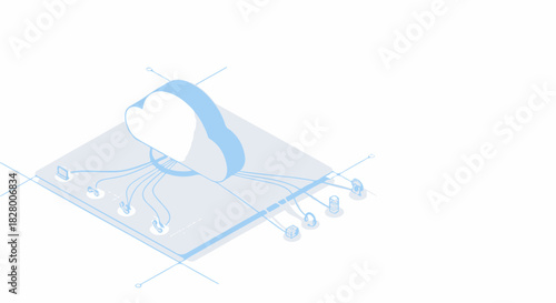 Cloud computing concept with network connections and data transmission lines in soft blue tones. Cloud storage technology enhances data accessibility and communication flow for modern businesses.