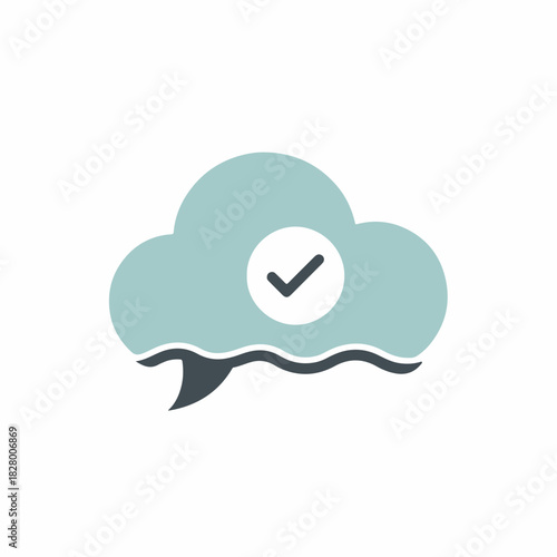 Communication technology icon with speech bubble and checkmark inside cloud symbol, representing chat verification in digital communication.