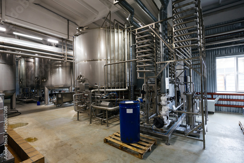 Modern brewery production line, vats and pipeline