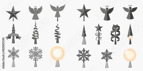 Collection of various Christmas tree toppers including stars, angels, spirals, and snowflakes in different designs, some with glowing lights.