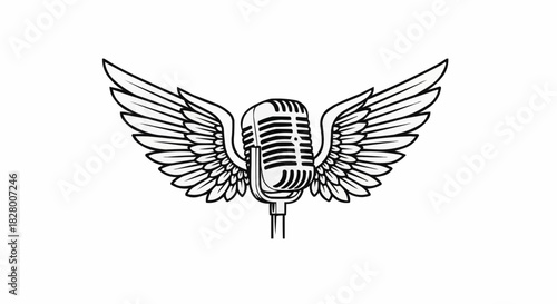 Vintage Microphone with Angel Wings Illustration.