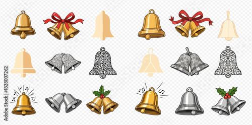 Collection of various golden and silver bells, including Christmas bells with ribbons and holly, and ringing bells in different styles.