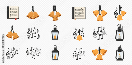 A collection of musical and festive icons featuring golden handbells, various music notes, sheet music, and vintage lanterns with candles, on a transparent background.