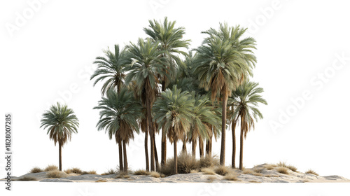 Group of date palm trees growing on a small patch of desert ground isolated on transparent background