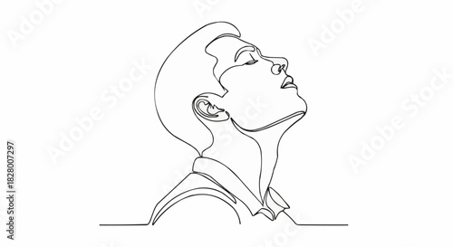 Continuous Line Art Drawing of a Man Looking Upwards with Serene Expression.