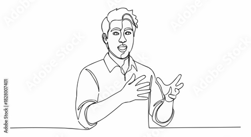 Man Explaining with Hand Gestures in Continuous Line Drawing.