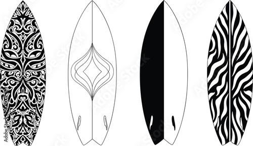 Four surfboards with different designs, showcasing unique patterns and styles for water sports enthusiasts and beach lovers
