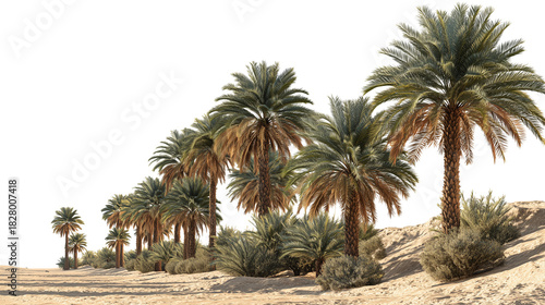 A row of date palm trees growing on a sandy desert dune isolated on transparent background