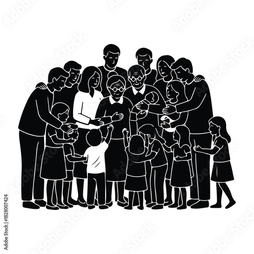 A diverse multi-generational family group stands together with care and connection, embracing love, unity, and support for all generations