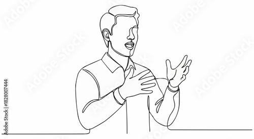 Man Speaking With Animated Gestures in Continuous Line Art Style.