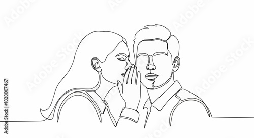 Woman Whispering Secret to Man in Minimalist Line Art Style.