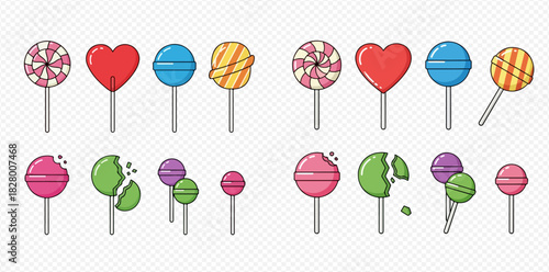 Collection of colorful lollipops in various shapes and conditions, including whole and broken candies, on sticks.