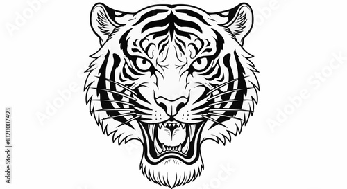 Detailed Black and White Tiger Head Illustration with Open Mouth.