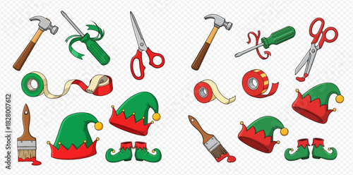 A collection of Christmas elf hats, shoes, and various crafting tools like hammers, screwdrivers, scissors, paint brushes, and tape, arranged on a white background.