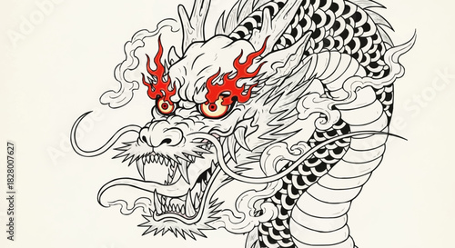 Traditional Japanese Dragon Head Illustration with Fiery Red Eyes.