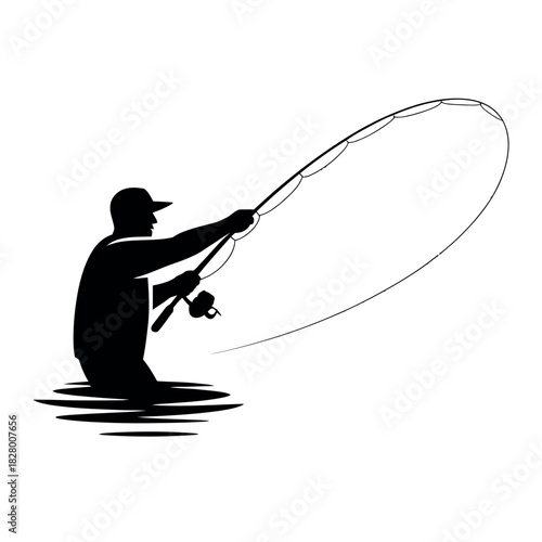Silhouette of a fisherman casting a fishing rod in water