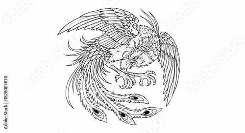 Elegant Phoenix Bird Illustration in Detailed Line Art.