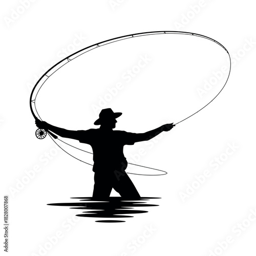 Silhouette of a fly fisherman casting a line in the water