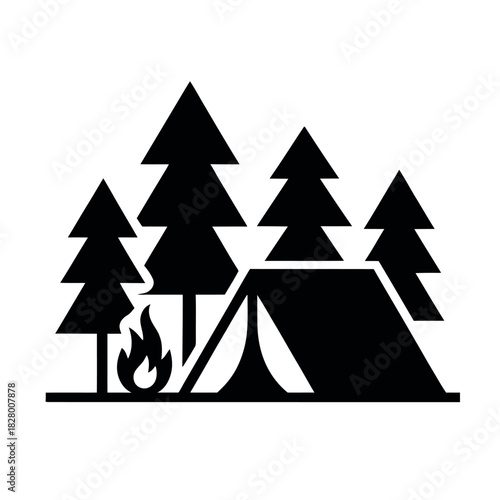 Silhouette of a campsite with a tent, a campfire, and pine trees