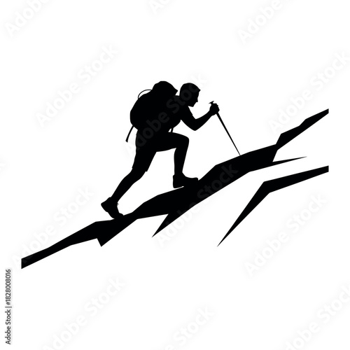 Silhouette of a hiker ascending a jagged mountain ridge with trekking poles