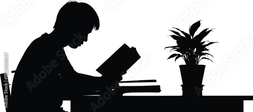 Black silhouette of a young student focused on reading a book at a desk next to a potted houseplant, vector illustration of study, homework, concentration, and education concept.