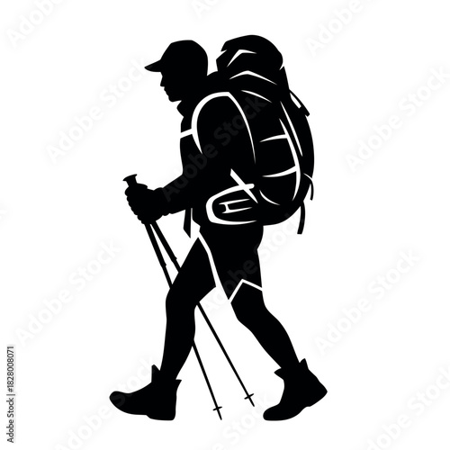 Silhouette of a hiker ascending a jagged mountain ridge with trekking poles