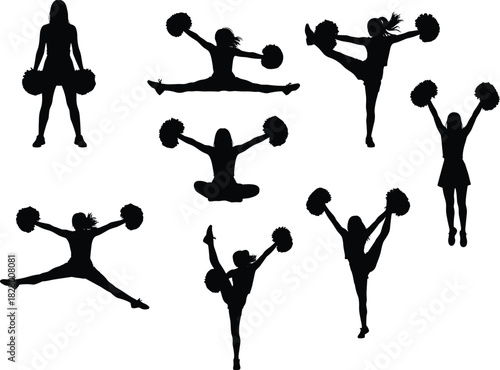 Silhouette of cheerleaders in various poses energetic cheerleading squad performing stunts and routines with pompoms in a dynamic display