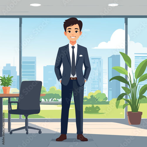 AI Generated Cartoon Businessman Standing in Modern Office with City View Vector Illustration
