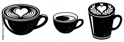 Stylized coffee cup icon set, black and white illustrations with latte art designs for café culture and beverage branding