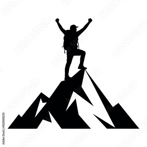 Silhouette of a triumphant hiker reaching the summit of a mountain peak