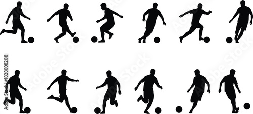 Silhouette of a soccer player in various poses a dynamic sequence of a football player dribbling, kicking, and controlling the ball
