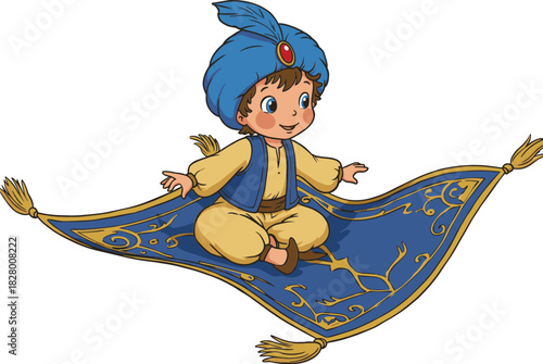 Magical cartoon child riding flying carpet with blue turban, red jewel, ornate golden tassels, fantasy folklore adventure vector illustration design