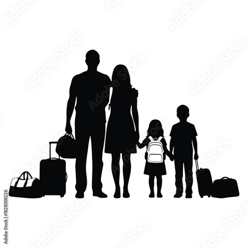 Family silhouette standing together with luggage, depicting travel, vacation, and journey. father, mother, daughter, and son ready for a trip, carrying suitcases and bags.