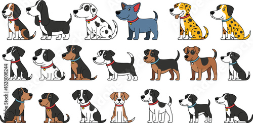 Large Vector Set of Cute Cartoon Dog Characters in Various Breeds and Colors, Including Terriers, Dalmatians, Beagles, and Mixed Breeds, Ideal for Pet Care and Children's Graphics