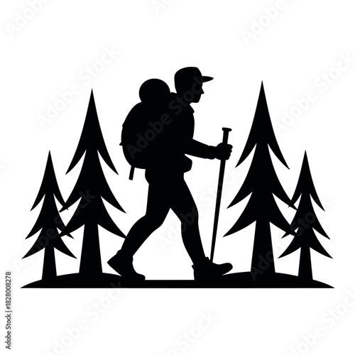 Silhouette of a hiker with a backpack and trekking poles among pine trees