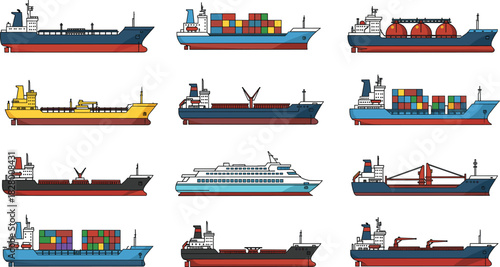 Vector Illustration Set of Various Large Transport Ships, Including Container Vessels, Oil Tankers, Bulk Carriers, and Passenger Liners, Representing Global Logistics and Maritime Shipping