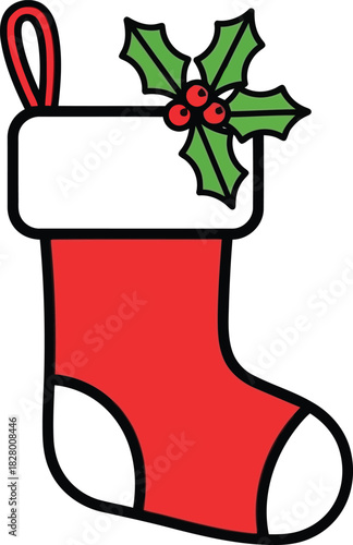 Festive red christmas stocking with holly illustration element.