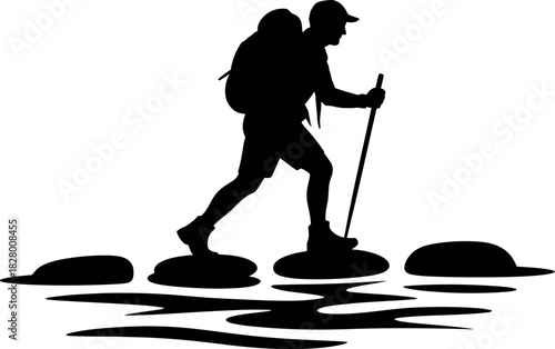 Silhouette of a hiker crossing stepping stones over water with a backpack and trekking pole